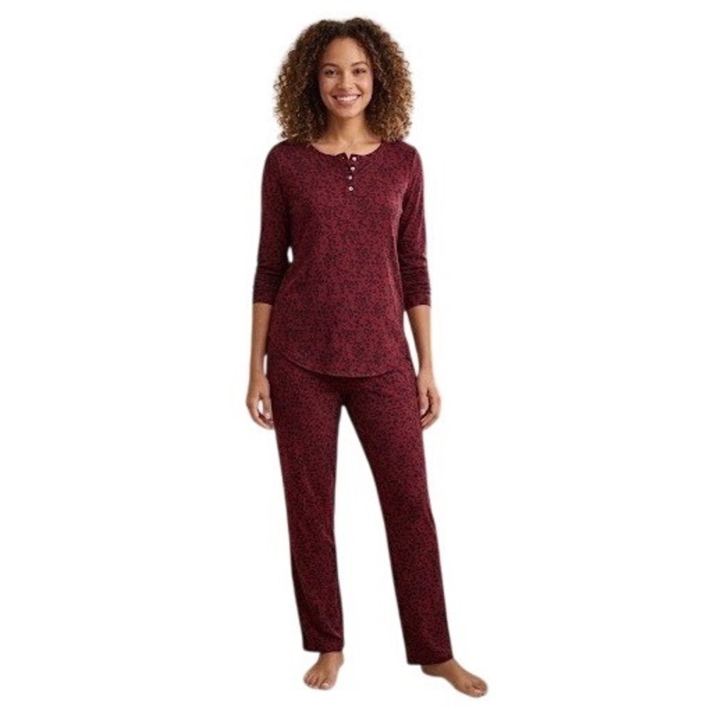 J. Jill‎ Sleep Ultrasoft Animal Print Henley Pajama Set Burgundy Black Small